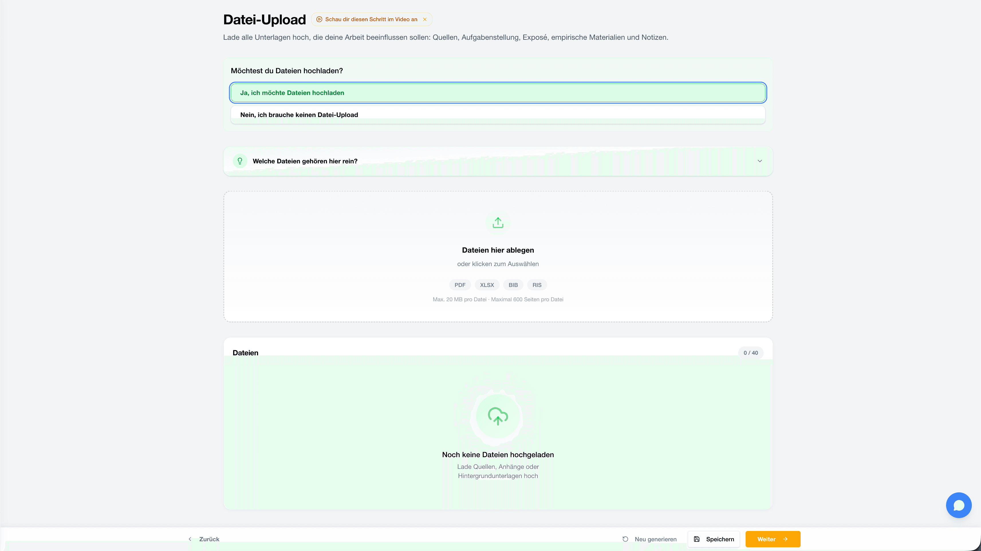 StudyTexter Uploadbereich für Vorgaben, Quellen und eigene Dateien