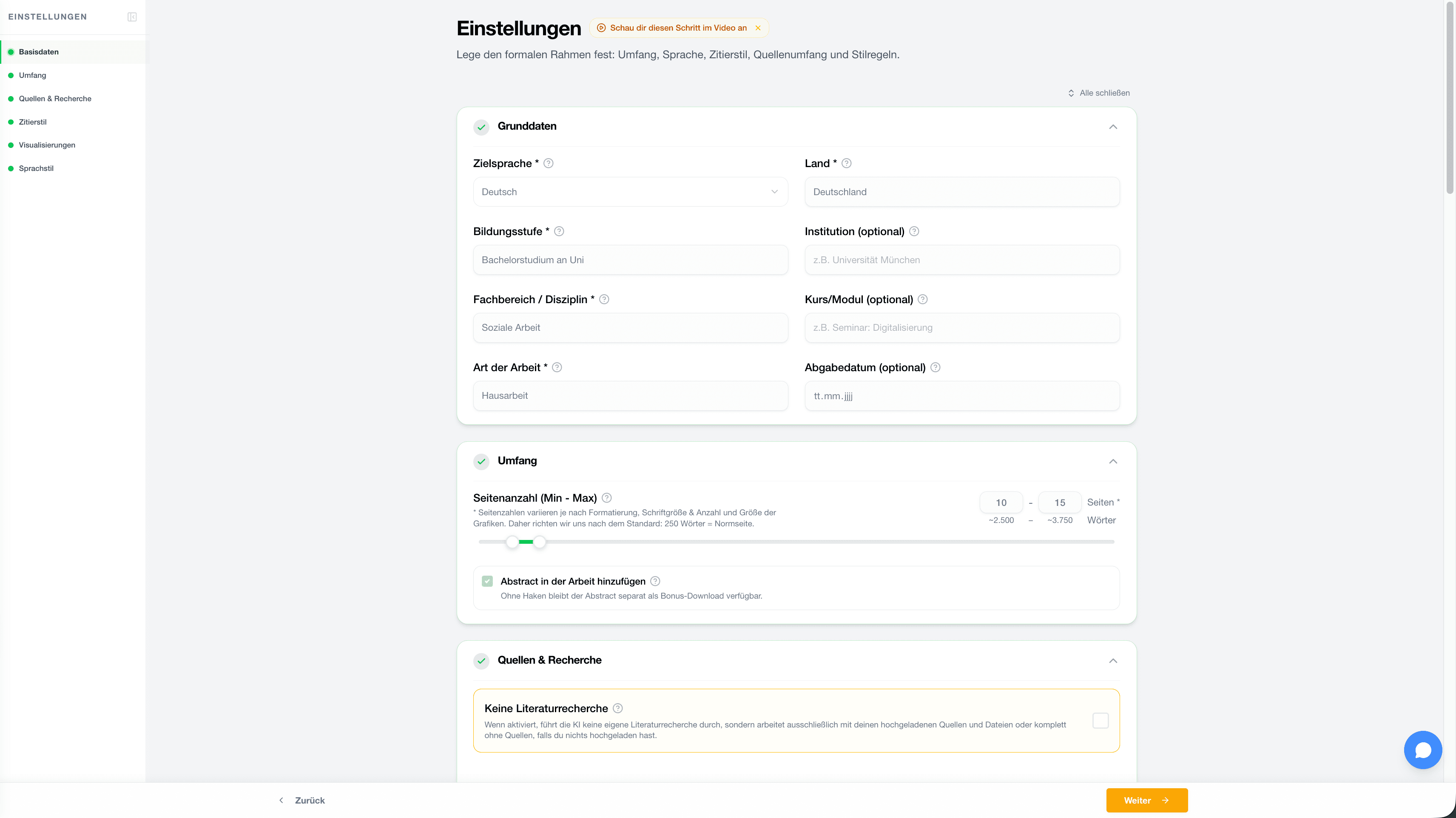StudyTexter Einstellungen für Arbeitstyp, Umfang und formale Anforderungen