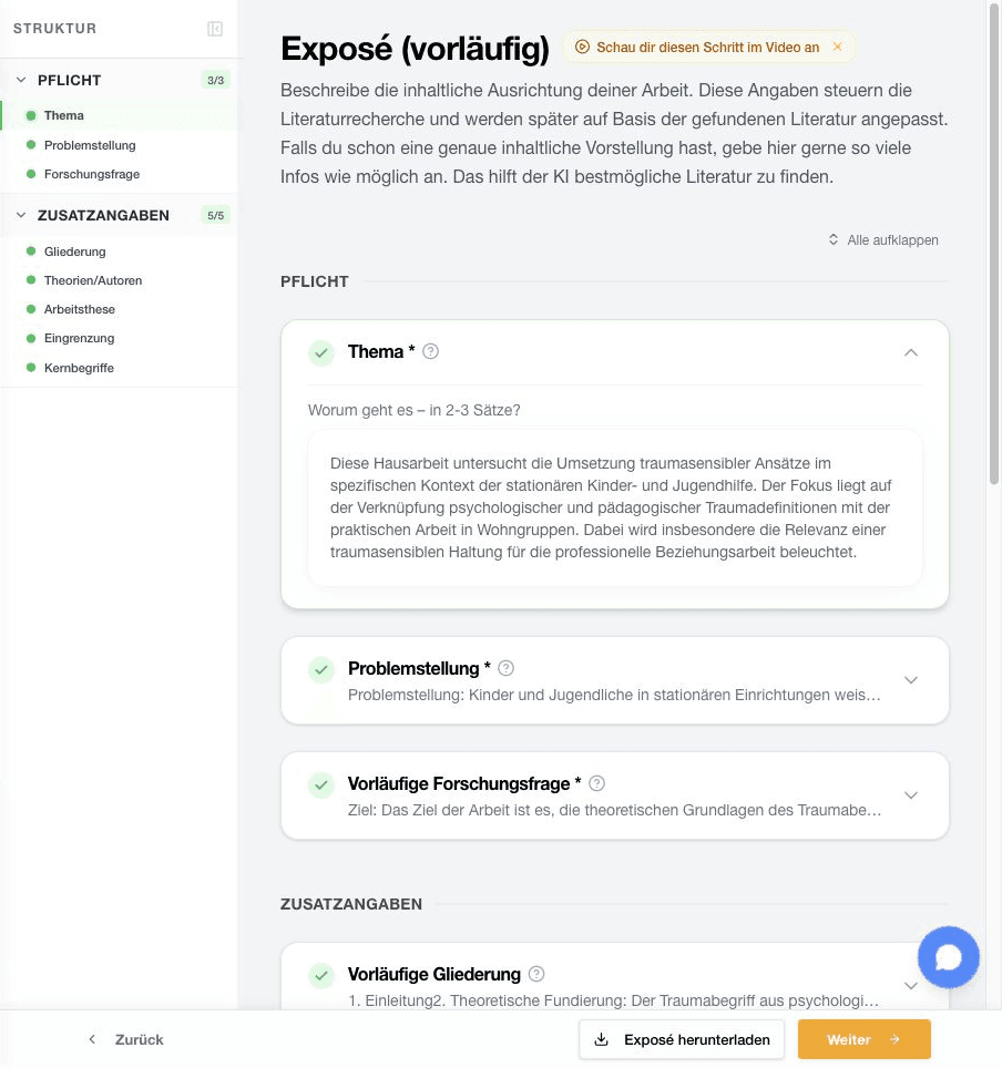 StudyTexter Exposé-Entwurf mit Forschungsfrage, Methodik und geplantem Aufbau