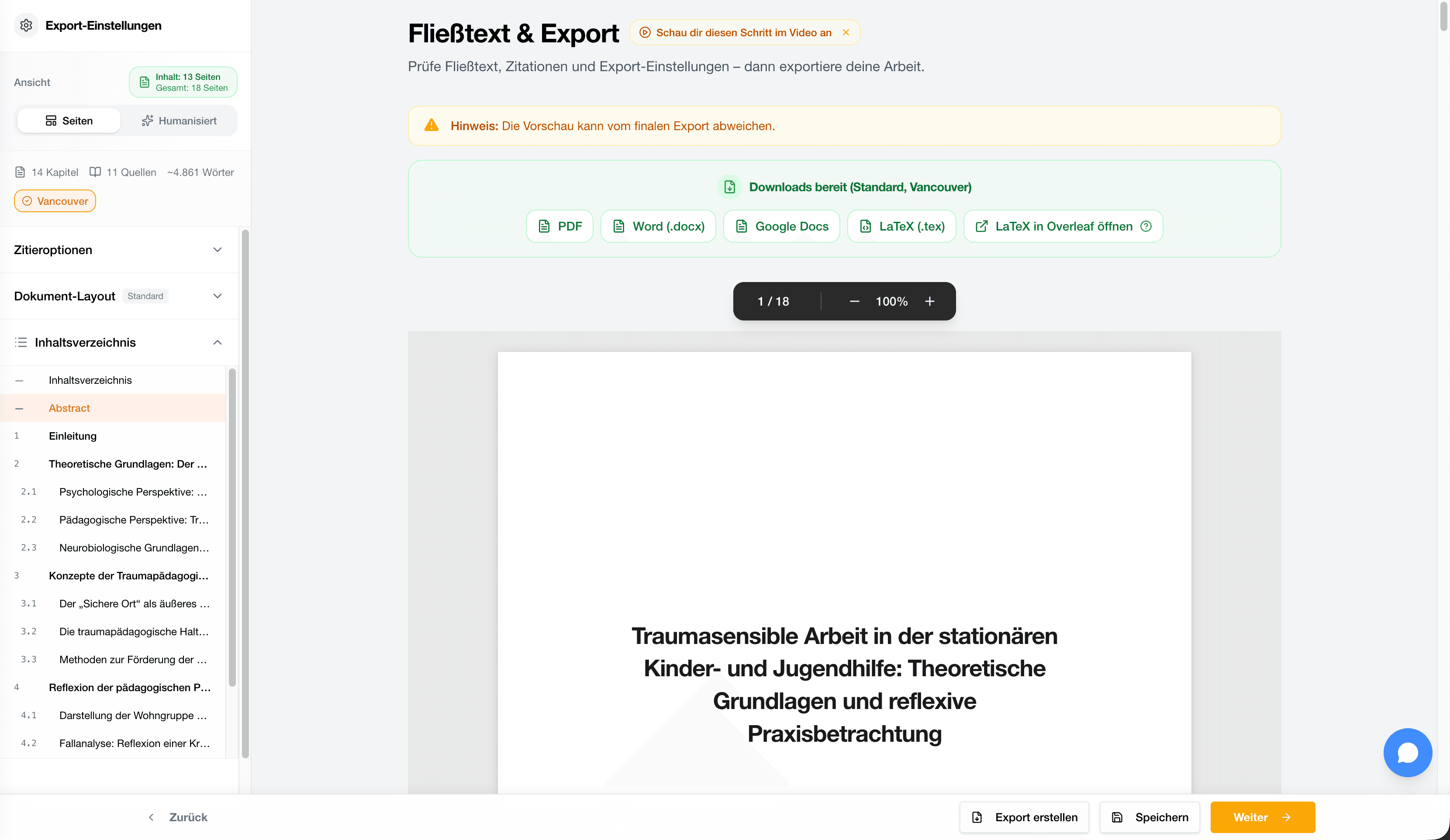 StudyTexter Exportansicht für Fließtext und finale Weiterarbeit