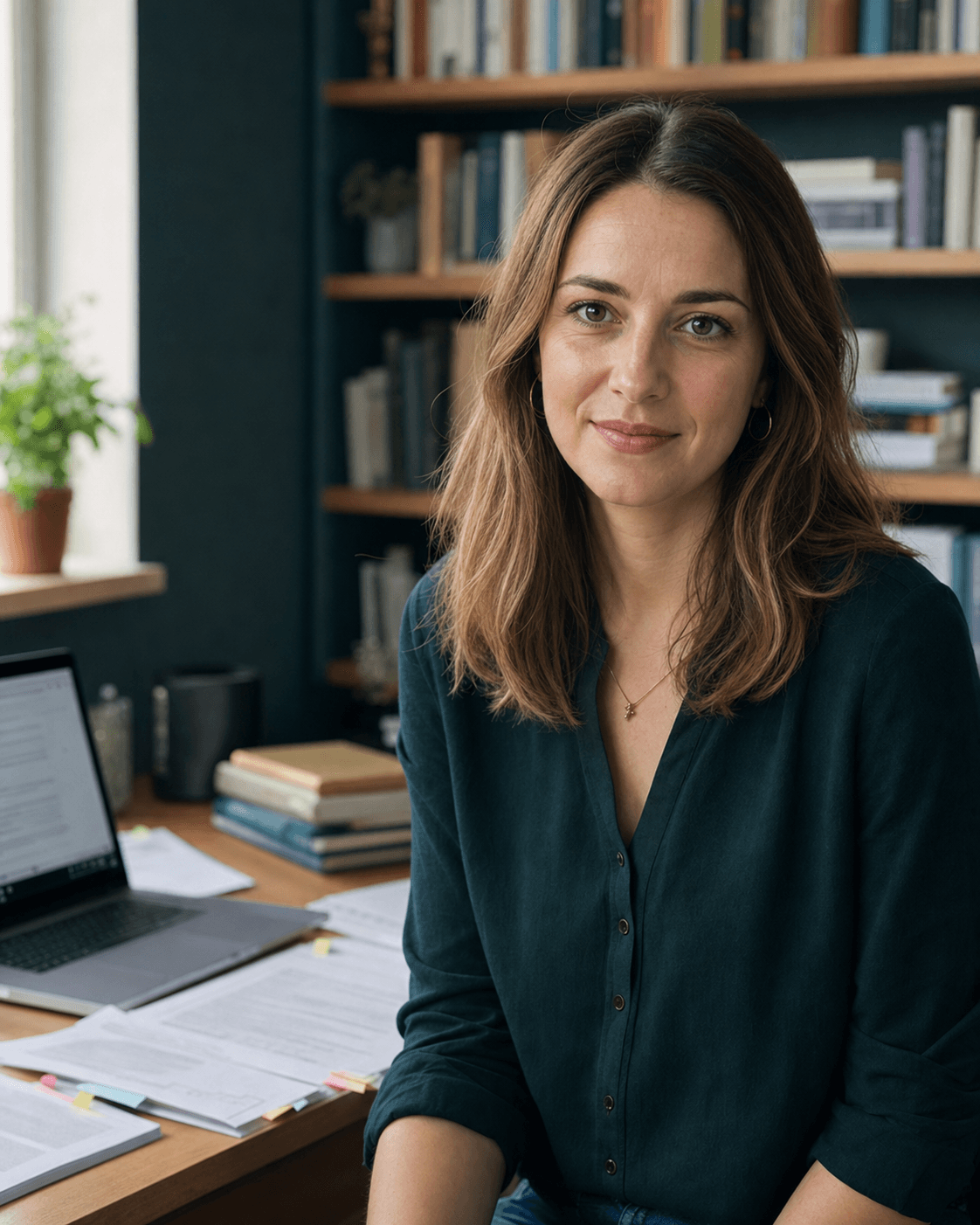 Jana Voss an ihrem Schreibtisch mit Literaturunterlagen